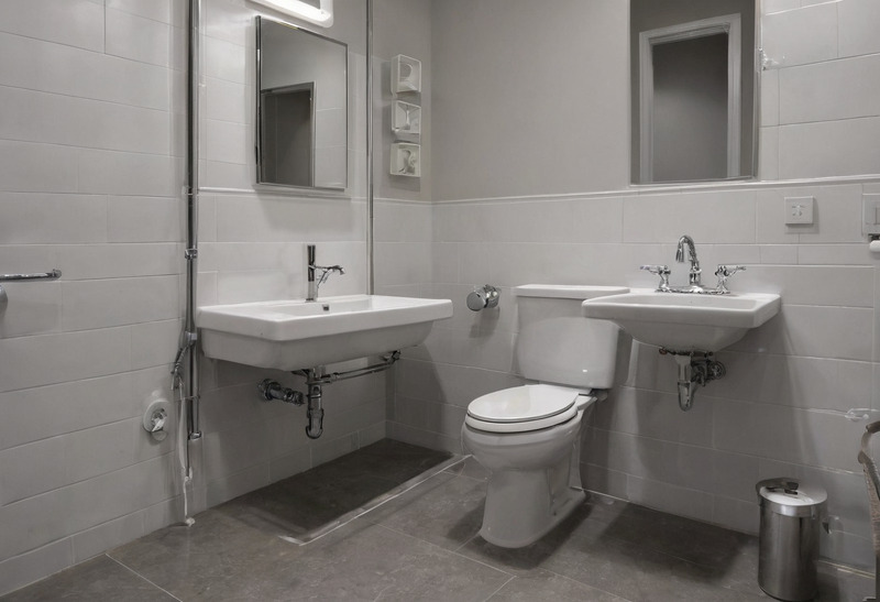 A tiled washroom with two wall-hung lavatories with open knee space and exposed traps, mirrors above each, a floor-mounted toilet with an open-front seat, and a grab bar on the far wall.