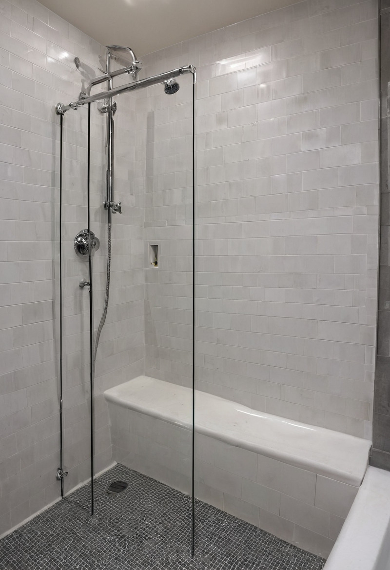 A tiled shower behind a frameless glass screen, with an exposed chrome riser carrying a rain head and a hand shower, a low white bench along the back wall and a mosaic floor draining to a centre gully.