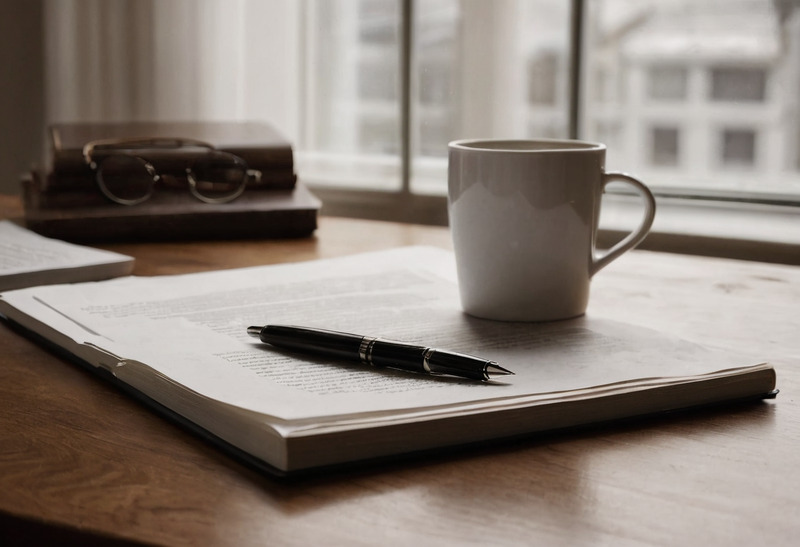 An open bound document with dense printed text on a wooden desk, a fountain pen lying across the page, a mug beside it and reading glasses on a stack of books behind.