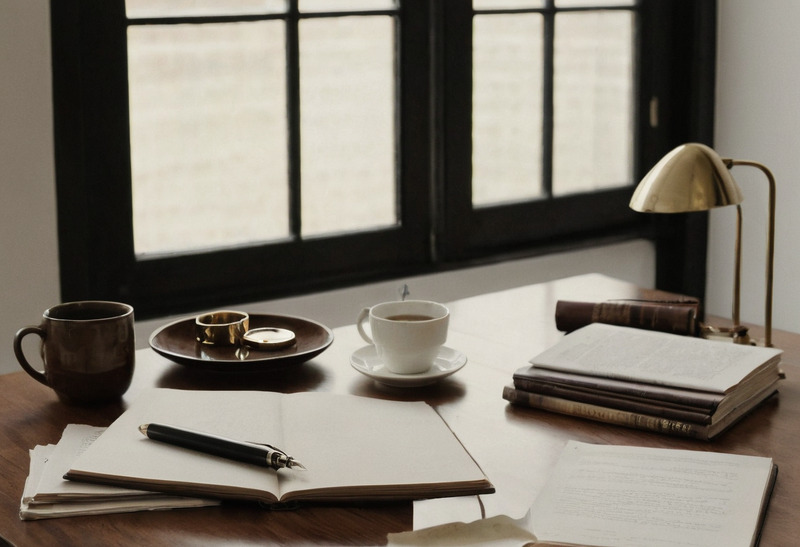 A dark wood desk by a black-framed window with an open notebook and a fountain pen, loose sheets, two cups, a stack of old books and a brass desk lamp.