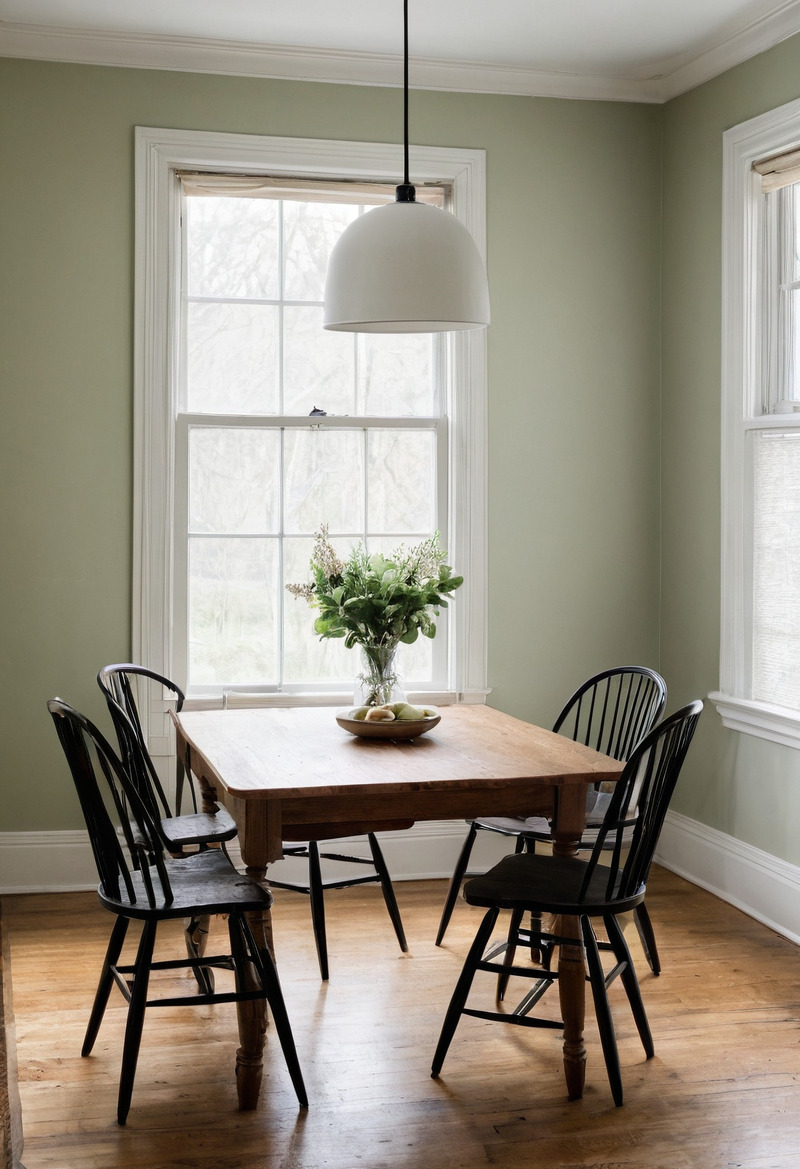 A small dining area with sage-green walls, a double-hung window, a white pendant over a plain wooden table and four black Windsor chairs, with a vase of white flowers on the table.