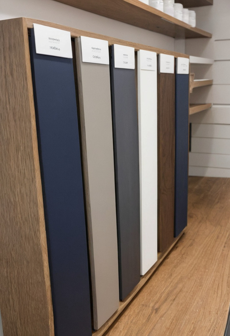 A showroom rack holding cabinet door samples on edge in navy, grey, white and walnut, each with a small printed label card at the top.
