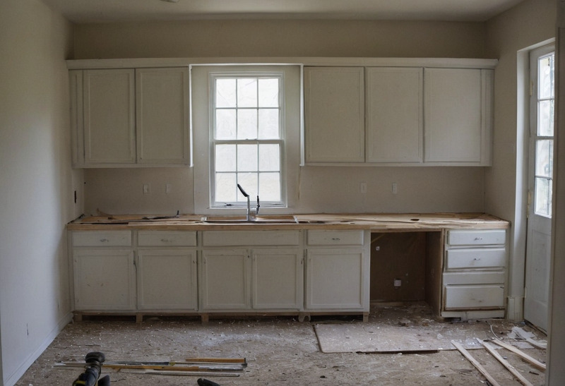 A kitchen mid-remodel with white cabinets installed along one wall, a faucet fitted over the sink, a bare plywood countertop substrate, and trim offcuts and debris across the subfloor.