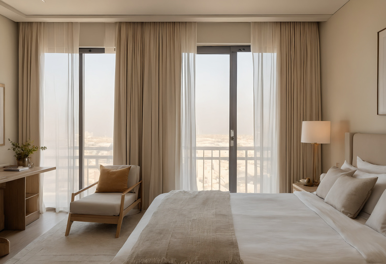 Bedroom of a high-rise Dubai apartment with a double bed, an armchair, a small desk and sheers over tall balcony doors