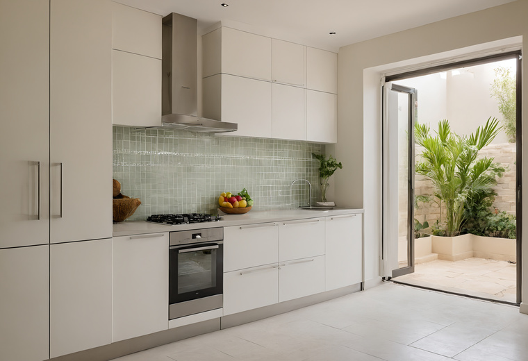 Ground-floor kitchen of a Dubai townhouse with white cabinets, a stone worktop and a glazed door to a small planted courtyard