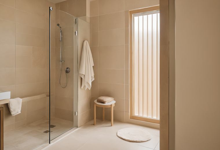 Bathroom of a Dubai villa with a glass walk-in shower, pale stone tiles, a small stool and a folded towel