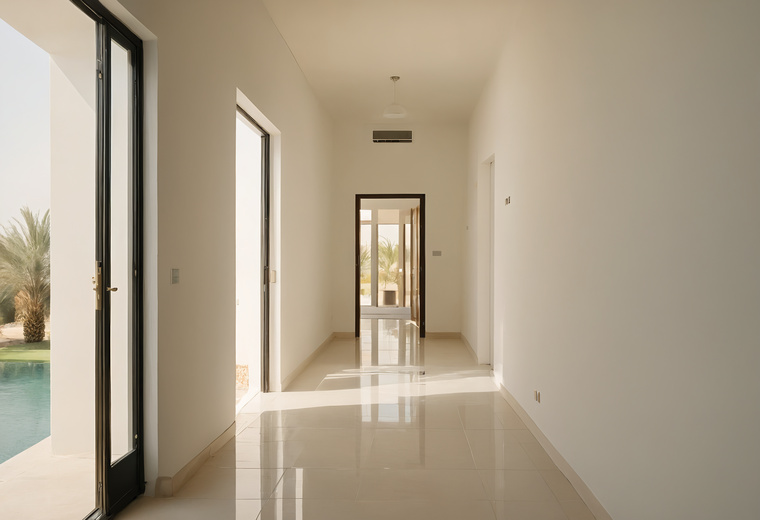 Long hallway of a Dubai villa with pale porcelain floor tiles, doors on both sides and a glazed door onto a pool terrace