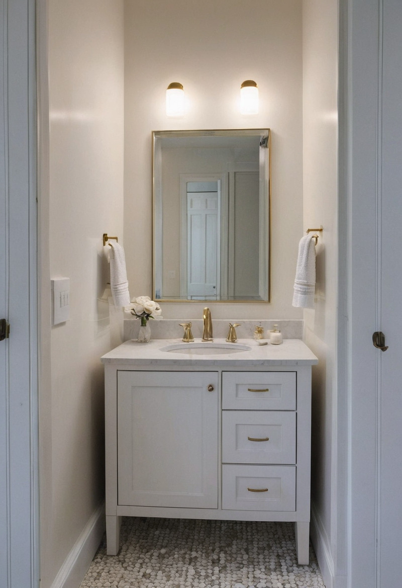 A vanity alcove with a white cabinet, a stone top with an oval sink and a brass faucet, a brass-framed mirror with two sconces above it, towel rings either side and a mosaic tile floor.