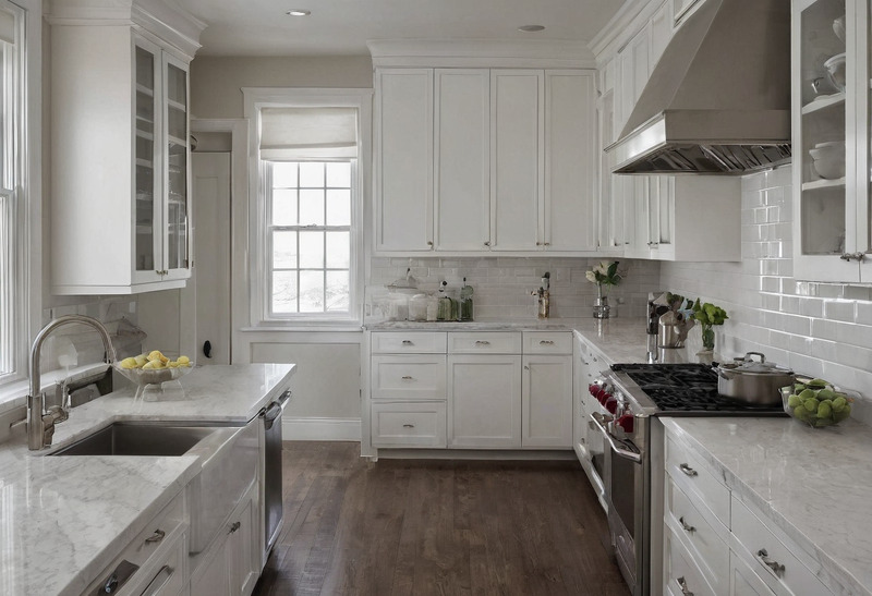 A white kitchen with shaker cabinets, glass-fronted uppers, a marble-look island with an undermount sink, a stainless range under a stainless hood and a dark hardwood floor.