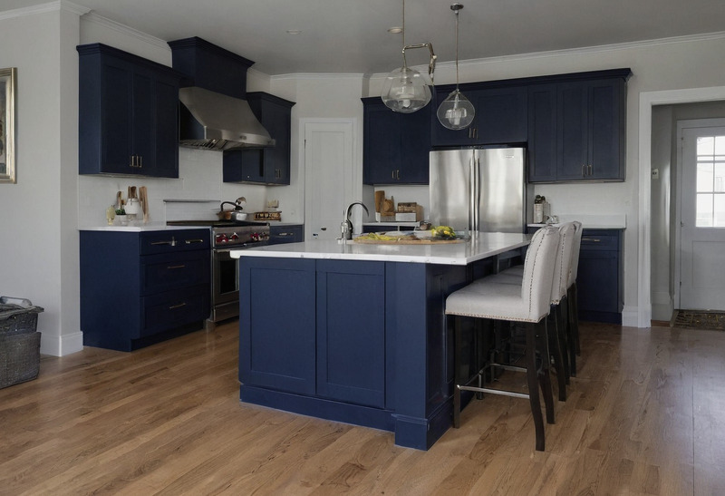 A kitchen with navy cabinets, a stainless range and hood, and a navy island under two glass globe pendants, with three upholstered stools and an open aisle between the island and the perimeter run.