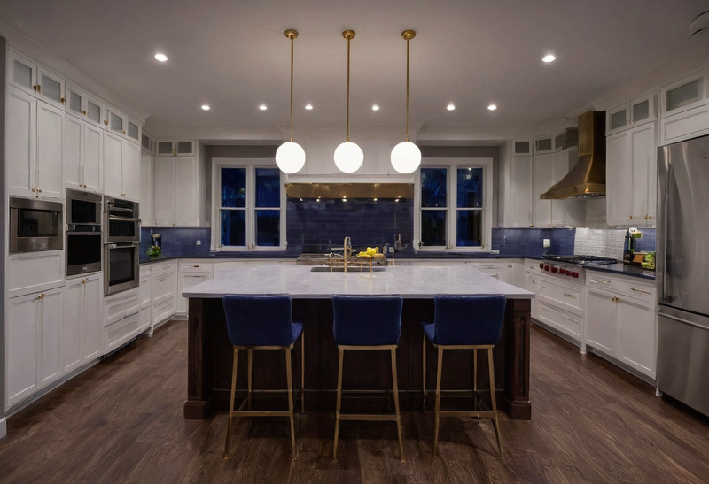 A large white kitchen at night lit by recessed downlights and three brass-stemmed globe pendants over a dark wood island, with blue backsplash tile, stacked wall ovens and blue upholstered stools.