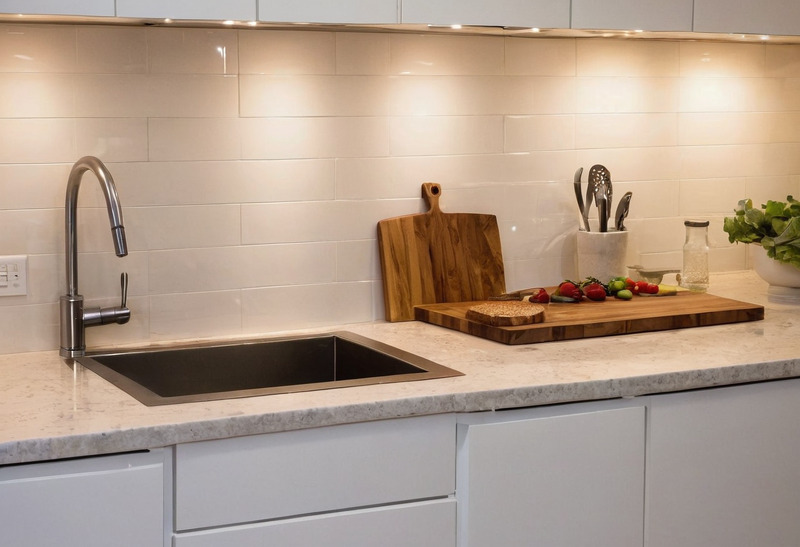 A kitchen counter lit from beneath the wall cabinets: a stone top, an undermount sink and pull-down faucet, a wooden board with cut vegetables, a utensil crock and a bowl of greens.