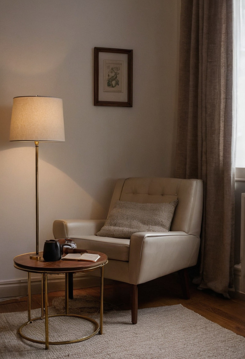 A reading corner with a cream upholstered armchair, a lit brass floor lamp with a drum shade, a small round side table with a mug on it, and a framed print on the wall.