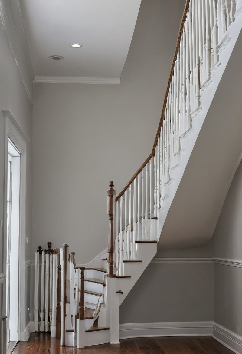 An upper landing with a painted staircase rising to the right, a wood handrail on turned newels, a doorway at the left and grey walls with a chair rail.