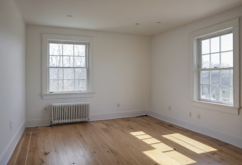 An empty bedroom with white walls, two double-hung windows, a cast iron column radiator beneath one of them and a wide pale plank floor with sunlight across it.